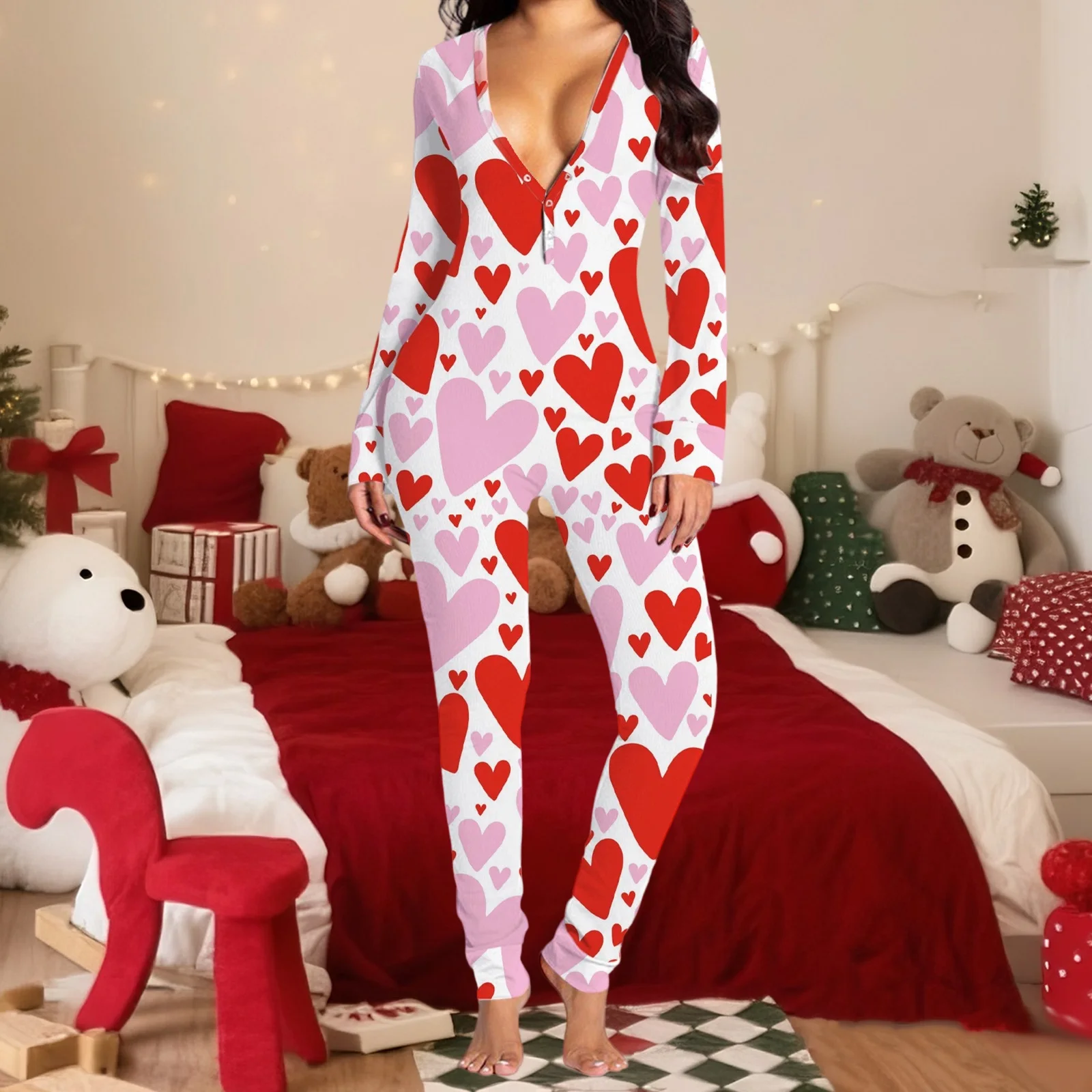 

Women's Long Sleeve Christmas Jumpsuit Pajamas V Neck Christmas Themed Print Bodysuit Sleepwear with Drop Seat Butt Flap