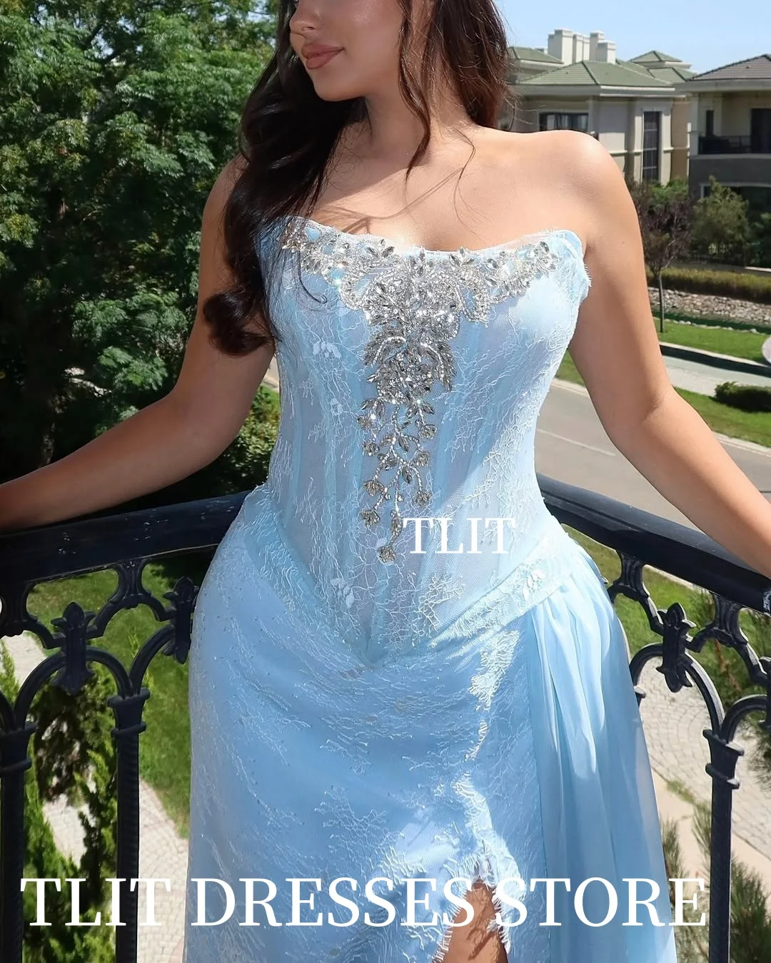 TLIT Elegant Blue Lace Mermaid Evening Gown Dresses Strapless Crystals High Side Split Prom Gowns Customized Formal Party