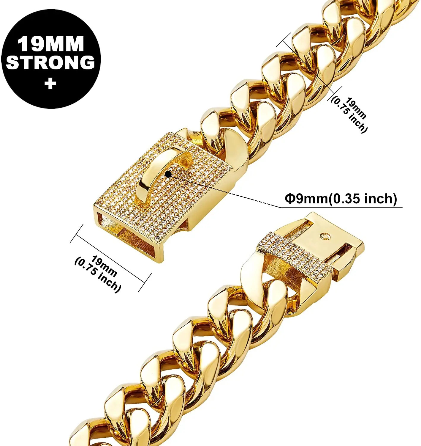 Gold Tone Dog Chain Collar Stainless Steel Cuban Link Chain Dog Collar with ID Tag and Bell for French Bulldog Pitbull 15/19mm