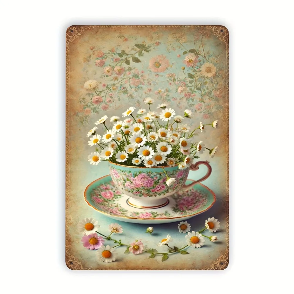 Vintage-Schild aus Eisen mit Gänseblümchen und Teetasse |   8x12 Zoll Blumen-Wandkunst für Zuhause, Büro & Café |   Feiertagsdekoration Geschenk