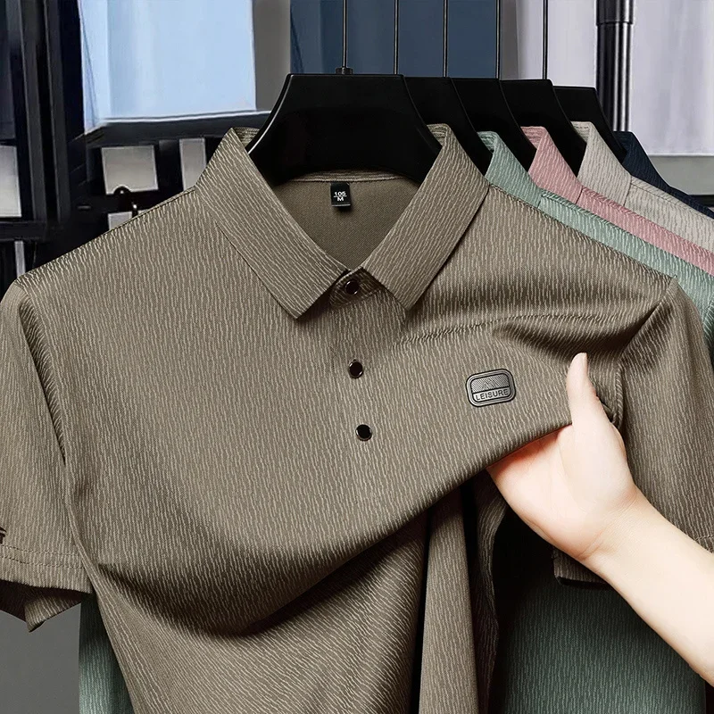 Mens Short Sleeve Vertical Stripe Polo Shirts Casual Lightweight Breathable Tops with Logo Badge for Men