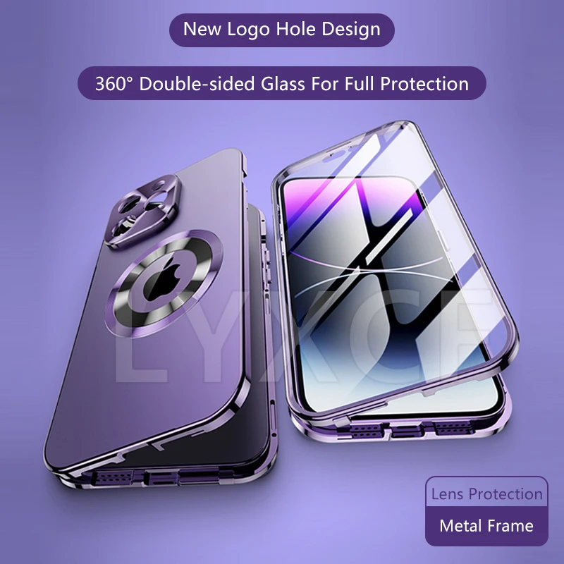 

Magnetic Aluminium Alloy Case For iPhone 15 14 16 13 12 Pro Max HD Glass Camera Lens Protective Original Color Hole Logo Cover