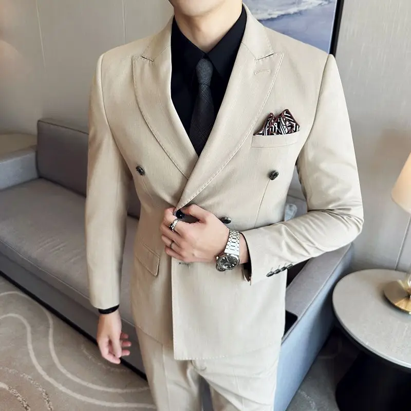 Traje de doble botonadura 3-A51 para hombre, traje formal de negocios de alta gama, corte ajustado, estilo coreano, estilo británico, traje de tres