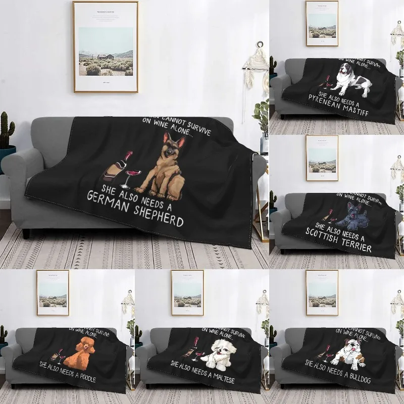 

German Shepherd And Wine Funny Dog Blankets Warm Flannel Dog Lovers Doggy Throw Blanket for Sofa Office Bedspreads