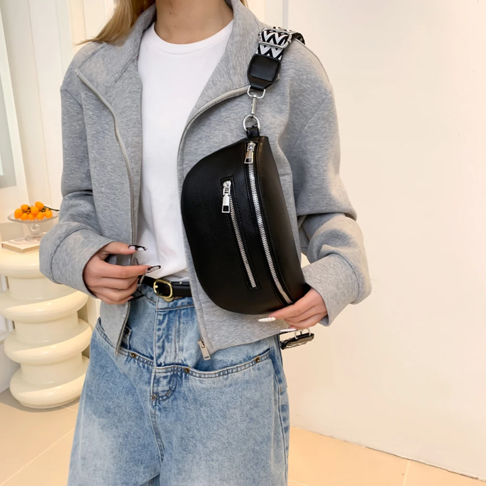 2024 Luxury Designer Women\'s Chest Bag PU Leather Wide Strap Shoulder Crossbody Bag Female Fashion Fanny Pack Banana Waist Bag