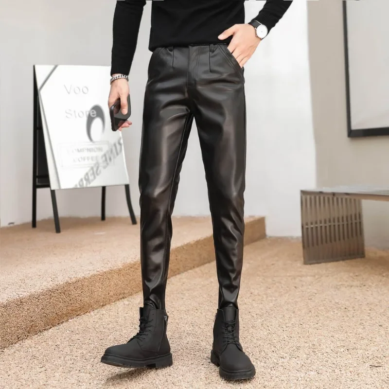 2025 New Arrived Skinny Biker Leather Pants Mens New Faux Leather Biker Trousers for Male Trouser Stage Club Wear