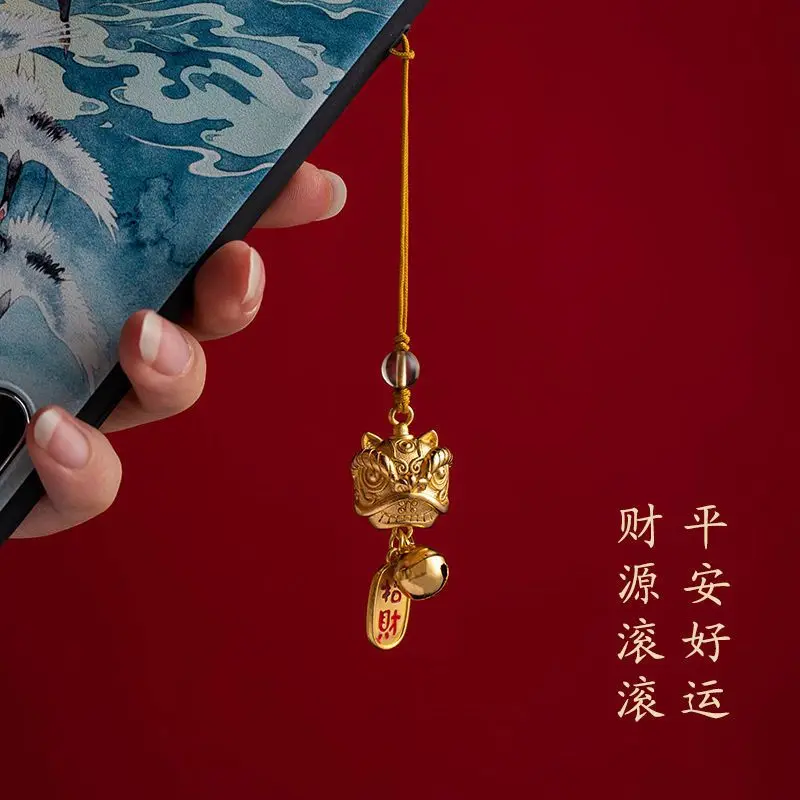 Original Brass Lion Bell Phone Case Pendant Retro Style Pendant Hanging Ornament Bag Hanging Fortune Rolling Safety Lanyard