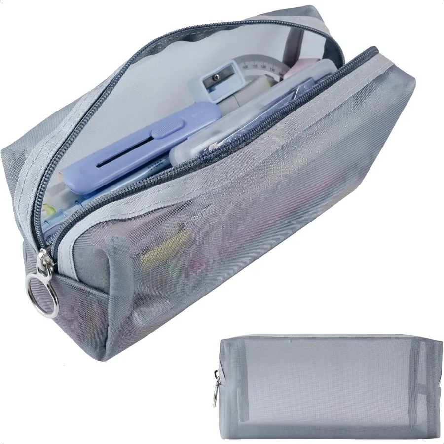 Aosbos Groot potloodetui Esthetisch etui Doorzichtige pennenbakje Mesh potloodzakken met ritssluiting Penetui Penopbergzakje Grijs