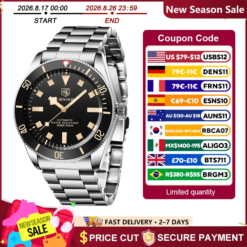 2026 New BENYAR Men's Luxury Automatic Watches Mechanical Business Waterproof Wrist Watch for Men Sports Luminous Men Bracelet