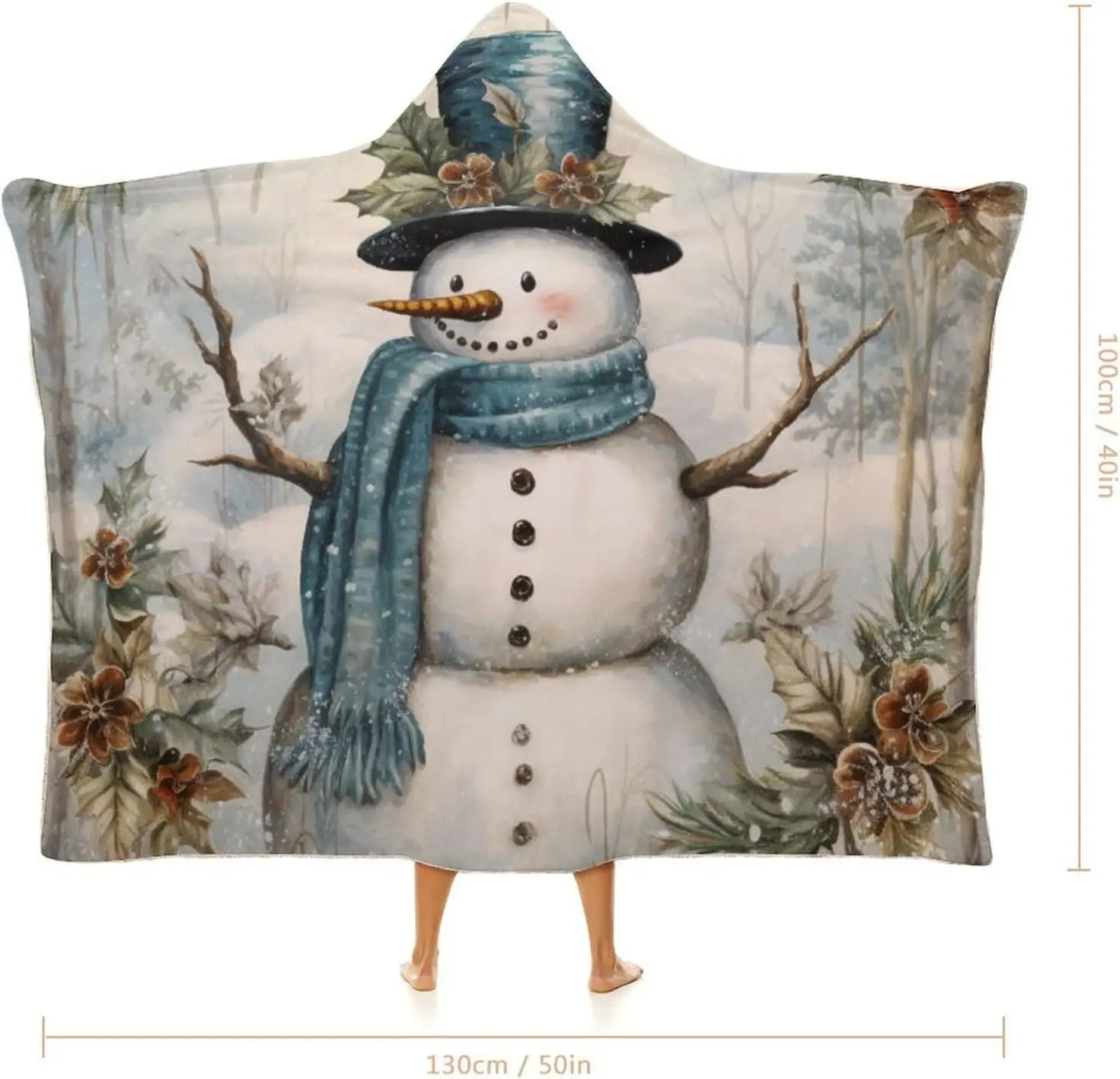 Hooded Blankets Snowman With Pink Roses Scarf And Hat Wearable Throw Blankets Happy Winter Holiday Sherpa Fleece Throw