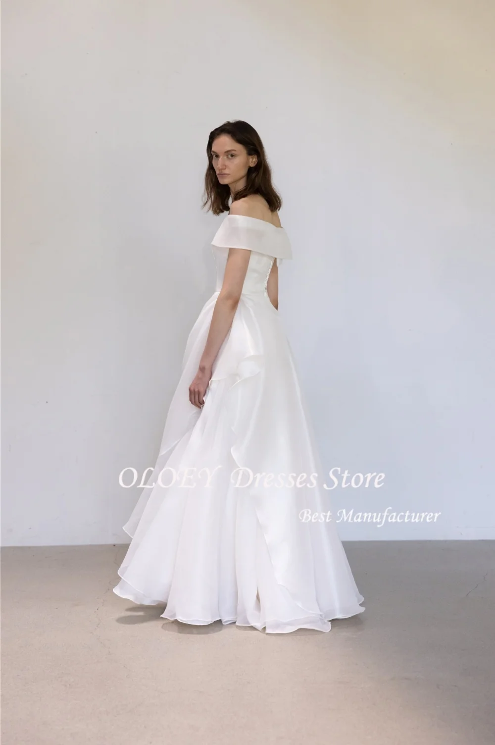 OLOEY Korea Schouderafhangend Elegant Organza A-lijn Eenvoudige korte mouwen Trouwjurken ojianke Tirvoor Op maat Mooi