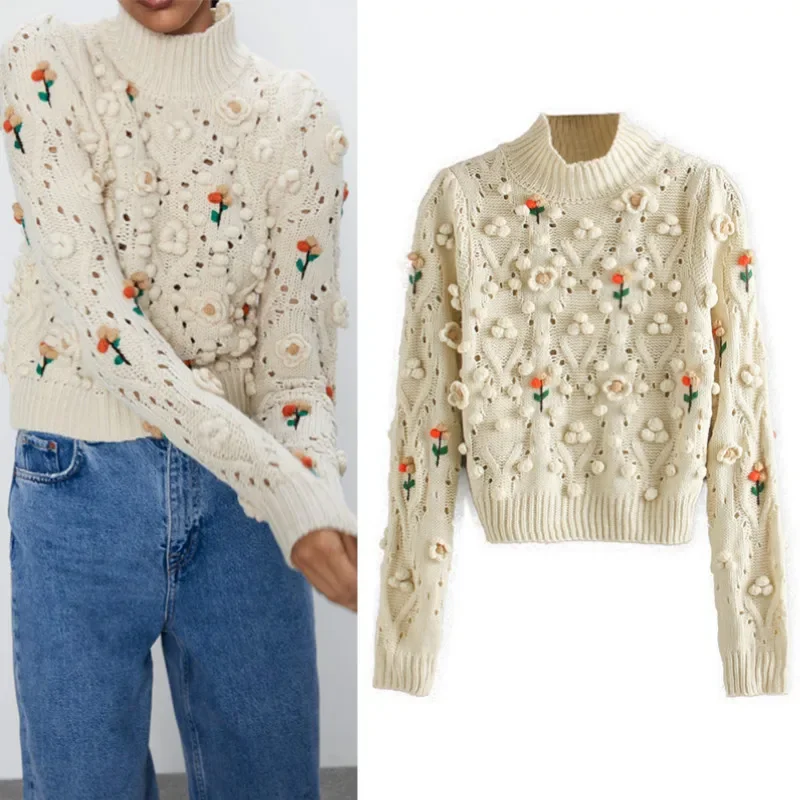 Women 3D Flowers Crocheted Sweater O-neck Balls Hook Embroidery Knitted Casual Pullovers Half Turtleneck Crop Tops Mujer Sueter