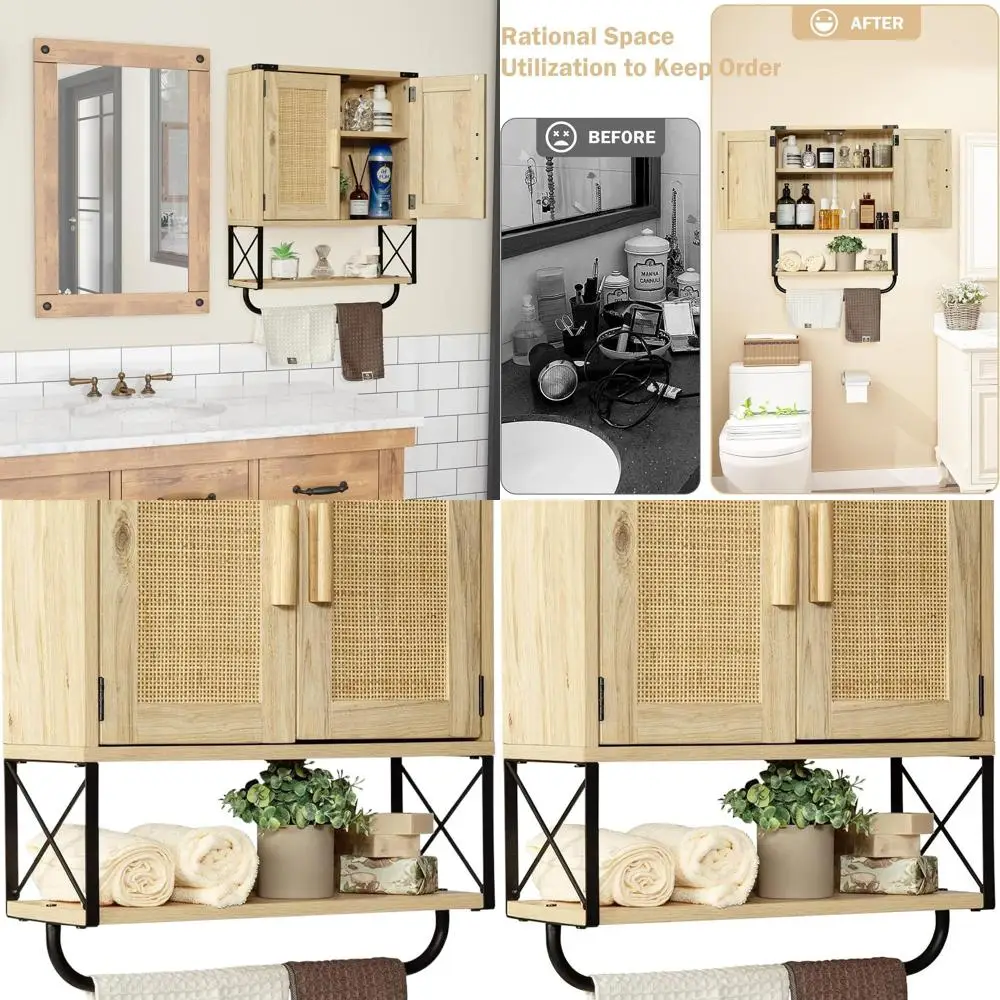 

Double Barn Door Wall-Mounted Farmhouse Medicine Cabinet with Adjustable Shelf and Towel Bar, Medium Rattan 3-Tier Bathroom Stor