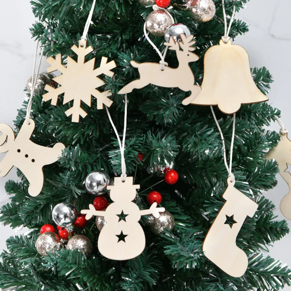 10pcs Merry Christmas Tree Hanging Oranments Wooden Round Baubles Tags DIY Craft Happy New Year Pendants Home Decoration