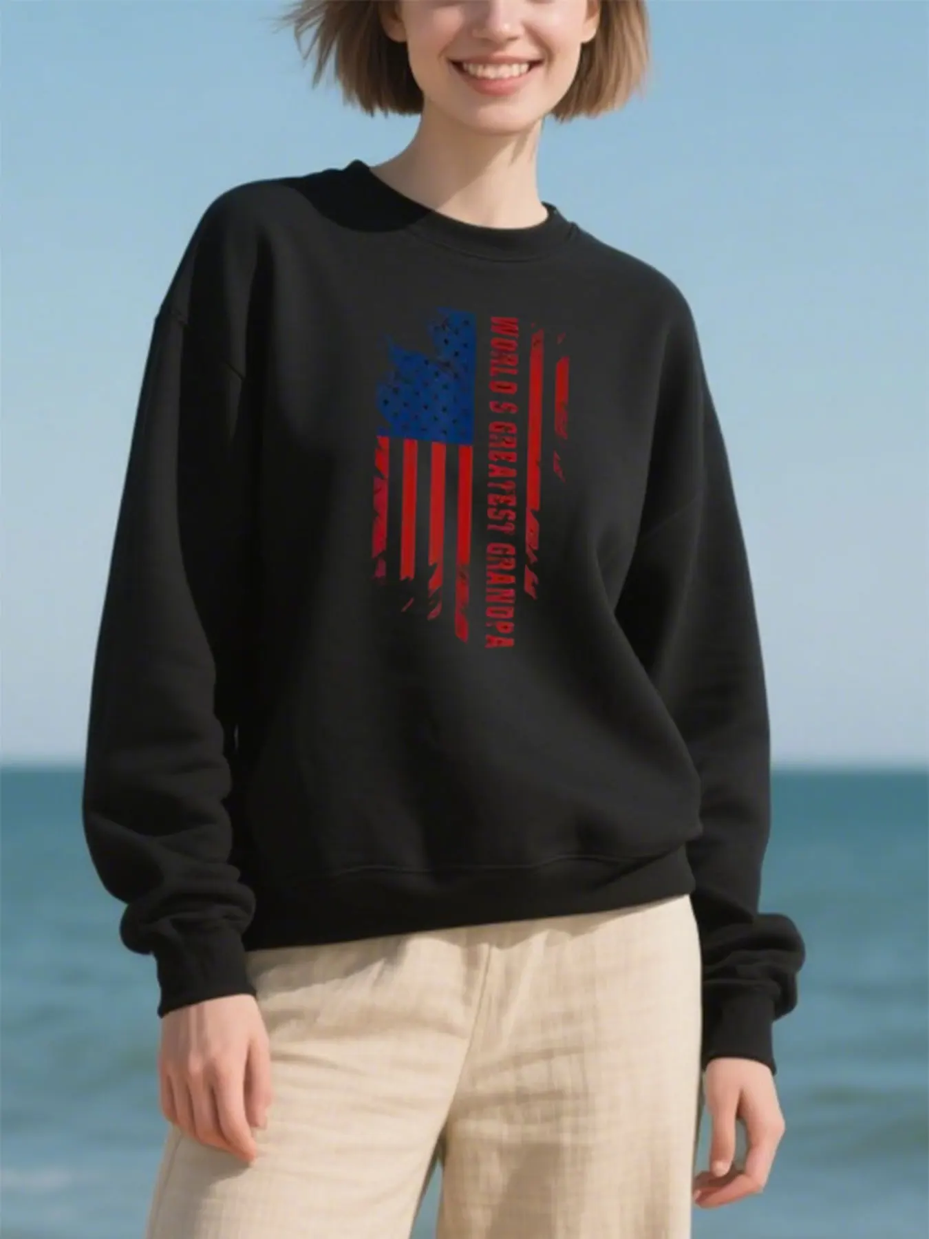 Col rond unisexe en coton doux avec le plus grand grand grand grand-père du monde et imprimé drapeau américain, parfait pour un cadeau d'anniversaire