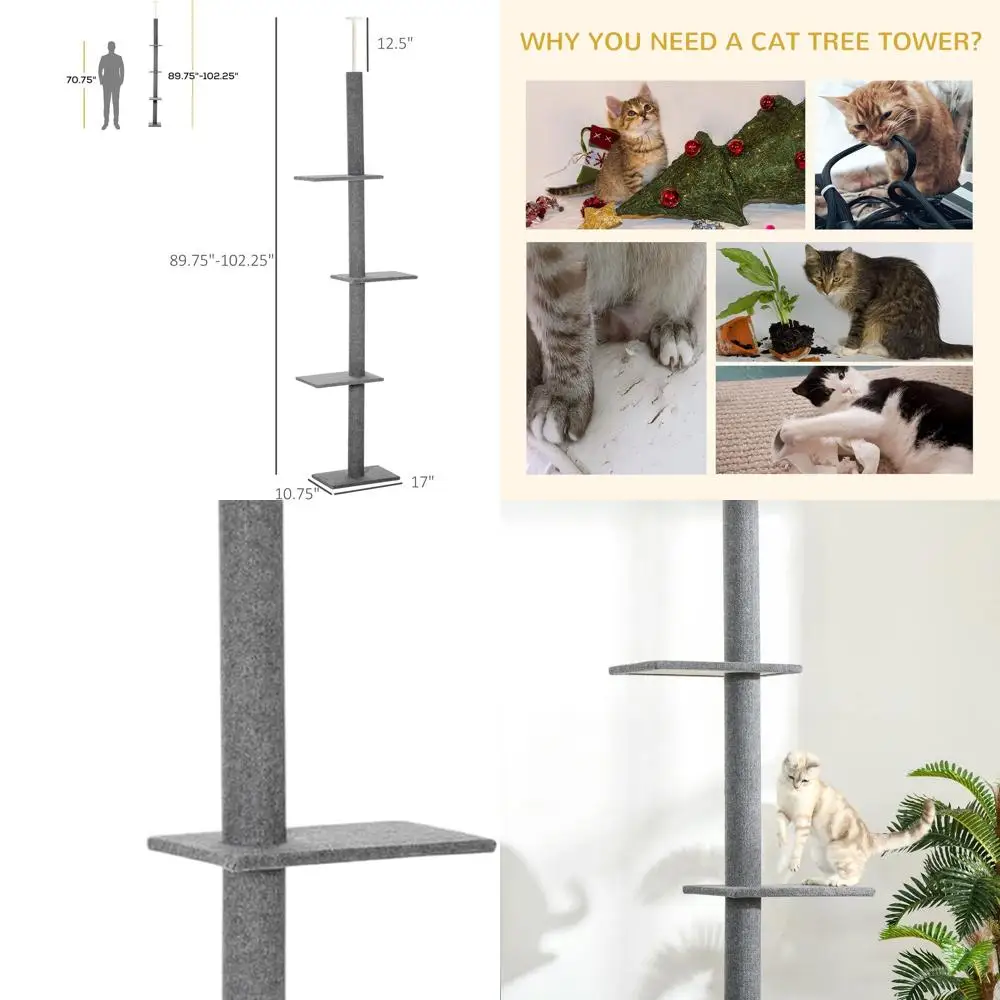 

Серая башня для лазанья для кошек с покрытием из сизаля и стойками от пола до потолка, центр активности для котят