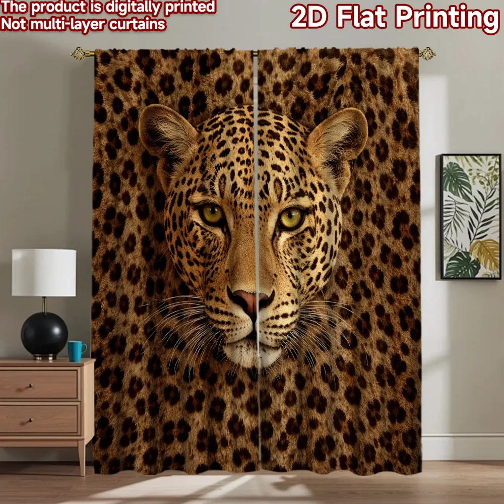 2D flat printing 2pcs Curtain Drapes Leopard Face Close-Up Digital Printed Polyester Drapes Seasonal Party & Holiday Decor for