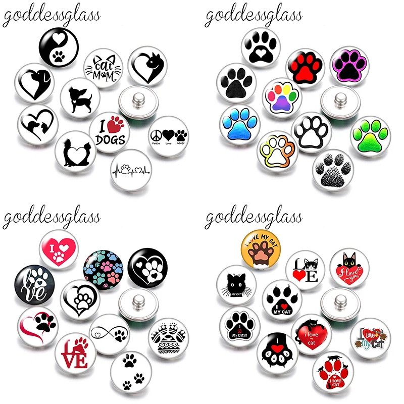 Love Pets Cat Dog Footprints Cute cartoon 10pcs mix Round photo 18mm/12mm snap buttons for 18mm/12mm snap jewelry DIY findings