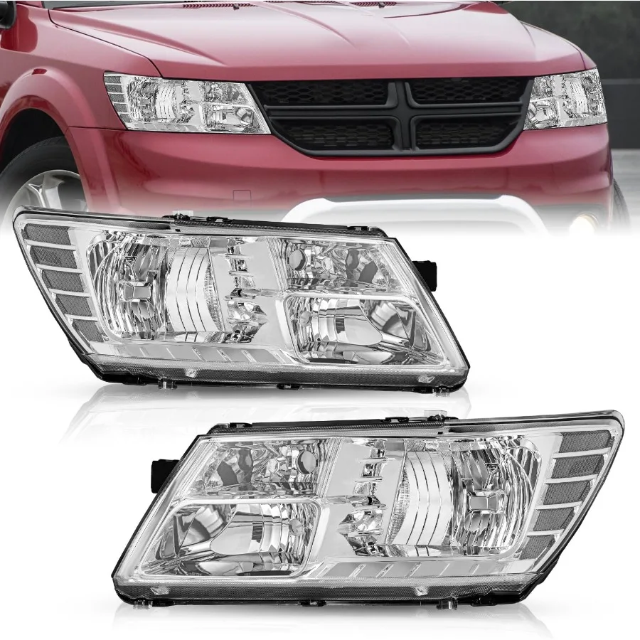 

Headlight Assembly Set for 0920 Dodge Journey Driver and Passenger Side Chrome Housing with Clear Reflector High Visibility Lig