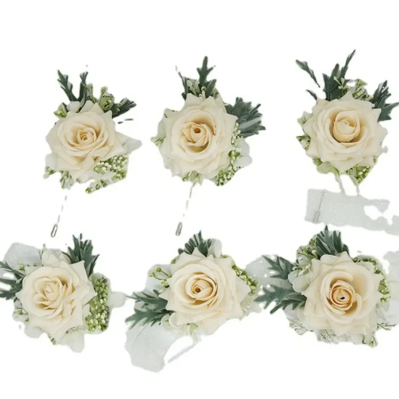 Champagne Rose Bloemen Kunstmatige Boutonnieres Pols Corsage Groomsman Huwelijk Accessoires