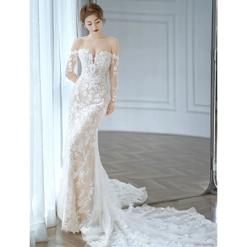 2023 Off Shoulder Bruid Jurken Kant Wedding Dress Mermaid Foto-shooting Tour Lange Mouwen Ruches Robe De Mariee Gown bridal