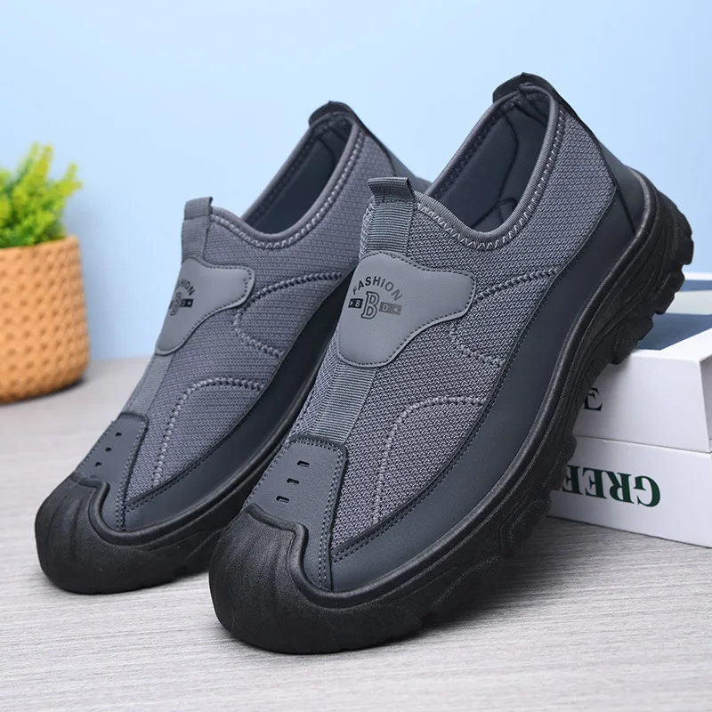 Men Slip On Outdoor Casual Shoes Mesh PU Spliced Upper Anti-collision Toe Non-slip Thick Sole Hiking Walking Sneakers