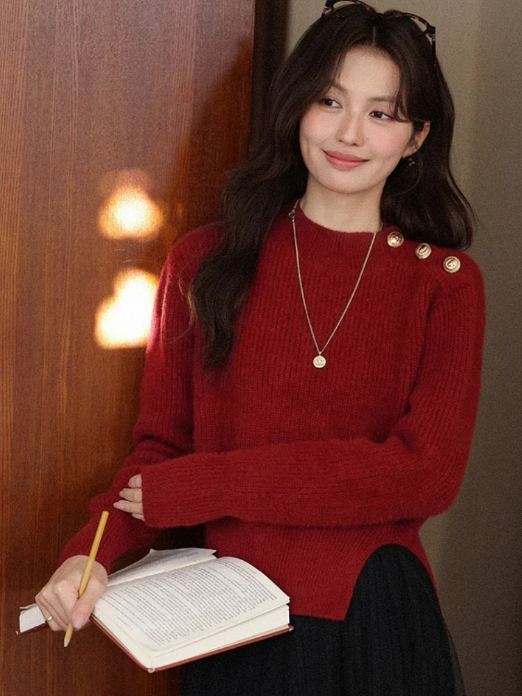 

ALXNAN красные пуловеры с полуводолазкой и металлическими пуговицами, вязаные свитера с разрезом подол, повседневная винтажная универсальная женская одежда L58221