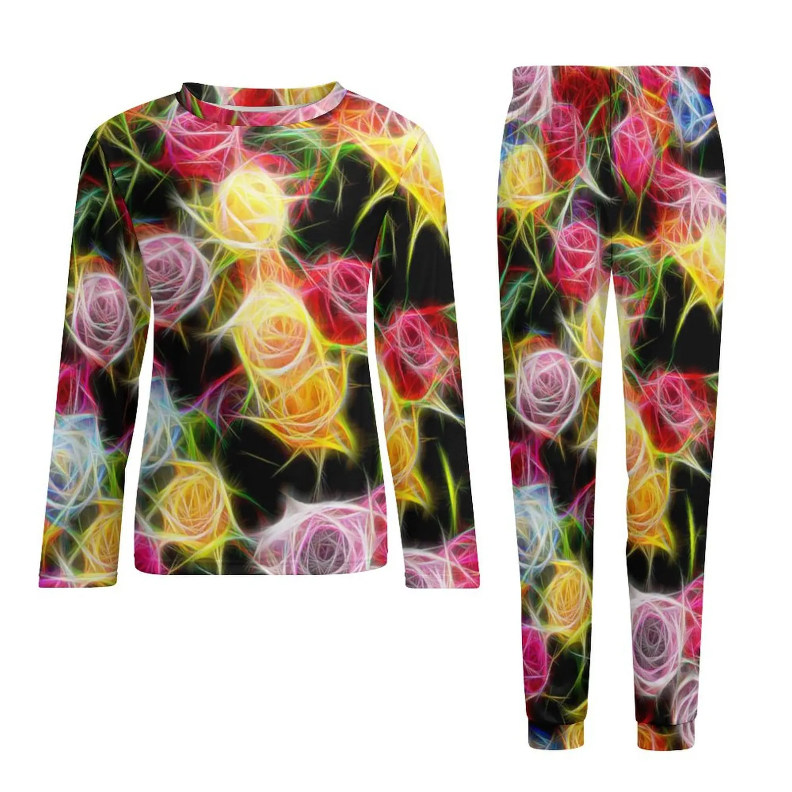 Pijamas de flores abstratas rosa de sentimento masculino mangas compridas conjuntos de pijama kawaii 2 peças quarto design diário casa terno presente