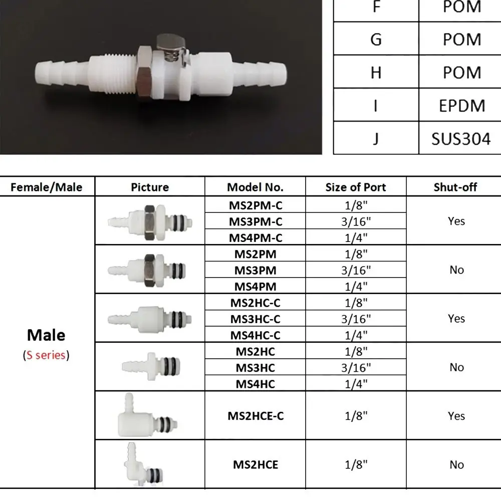 1Pc Disconnect Fitting Coupling Hose Joint Tube Connector Male Female Hose Barb Valved S-series 3/16 1/4 Quick Coupler