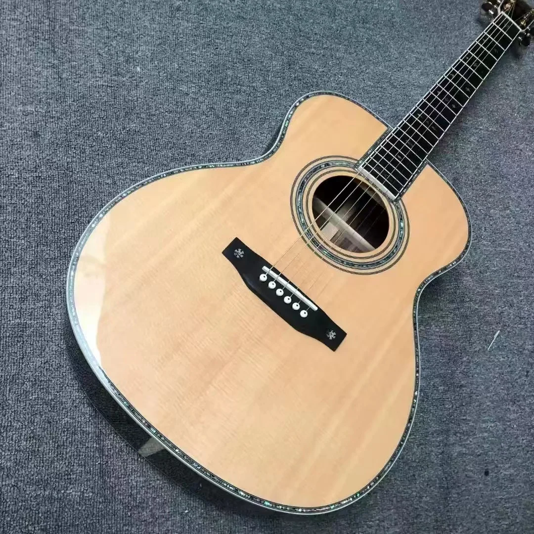 

40 inch OM42 series solid wood polished ebony straight board abalone shell inlaid acoustic wood guitar