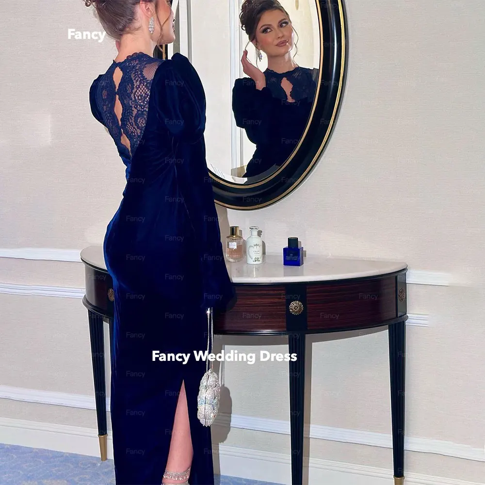 Fancy Blue Velvet Prom Dresses Cut-out Lace Long Sleeves Lady Evening Dresses 2024 Party Gown فساتين مناسبة رسمية customized