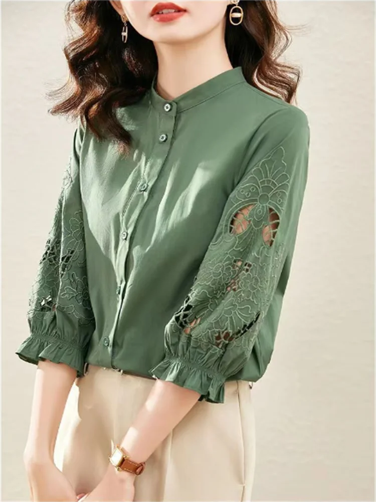 Lantern Sleeve Blouses Women Shirt Hollow Out Half Sleeve Shirt Summer Blouse Loose Cardigan Top Grace Embroidered Female Shirt