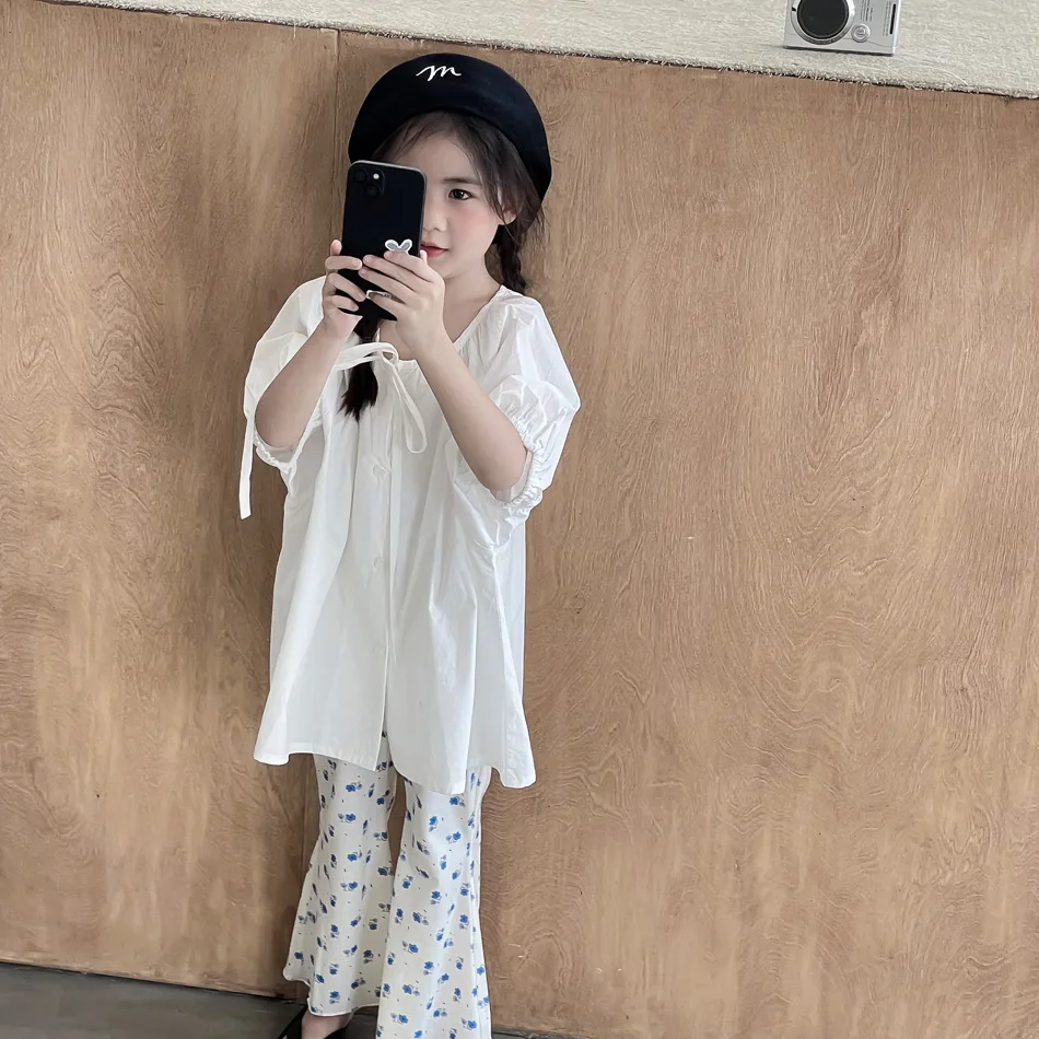 Girls Shirts 2024 Summer New Childrens Clothes Small Fresh Mid-length Doll Shirt Bubble Sleeve Shirt Short Sleeve Shirts Casual