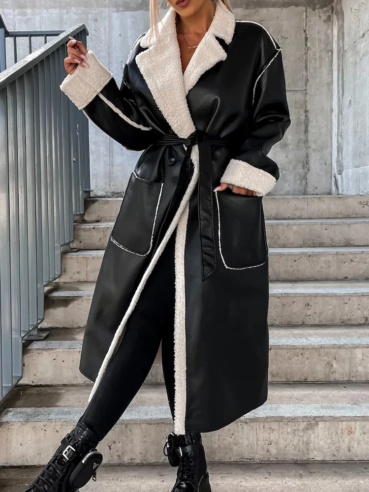 2024 Turn-Down Collar PU Leather Women Long Jacket Autumn Winter Thick Warm Outerwear Solid Belt Streetwear Coats Dropshipping