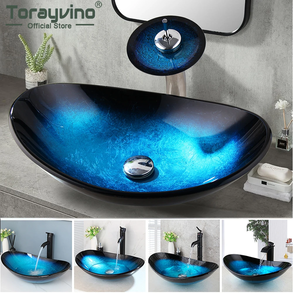 Torayvino Oval Tempered Bathroom Washbasin Glass Basin Sink with Tap Vessel Vanity Bowl Counter Top Waterfall Faucet w/ Pop-up