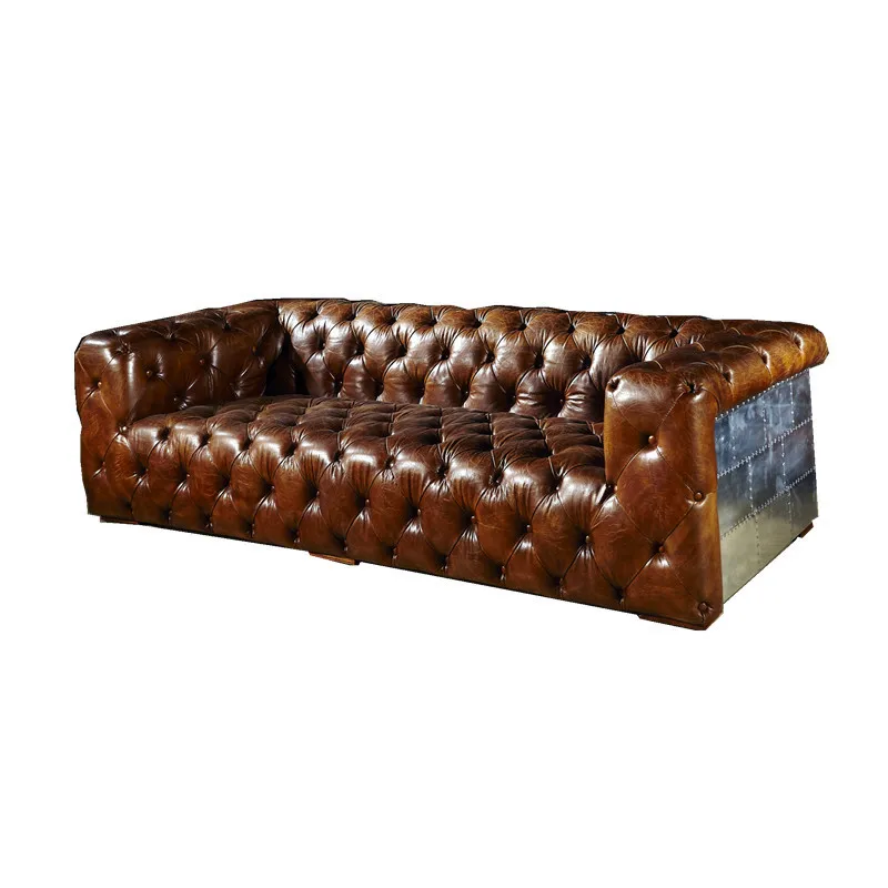 Industrial style sofa cowhide pull buckle metal aluminum leather rivet three-person sofa living room rural furniture