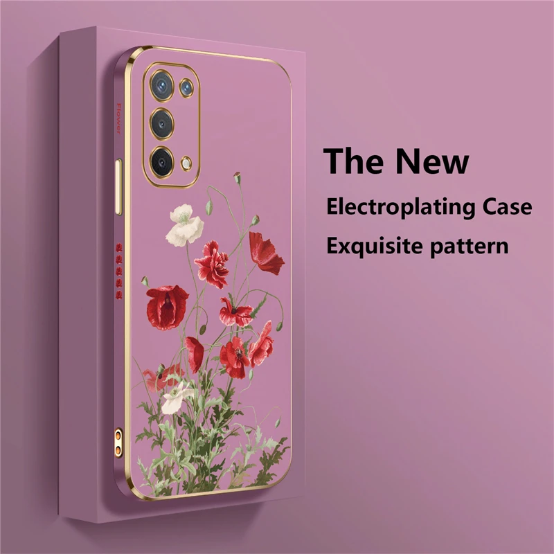 A74 5G Pattern Flower Phone Case For OPPO A54 A55 A76 A78 A83 A91 A92S Luxury Plating Silicone Soft Cover Coque