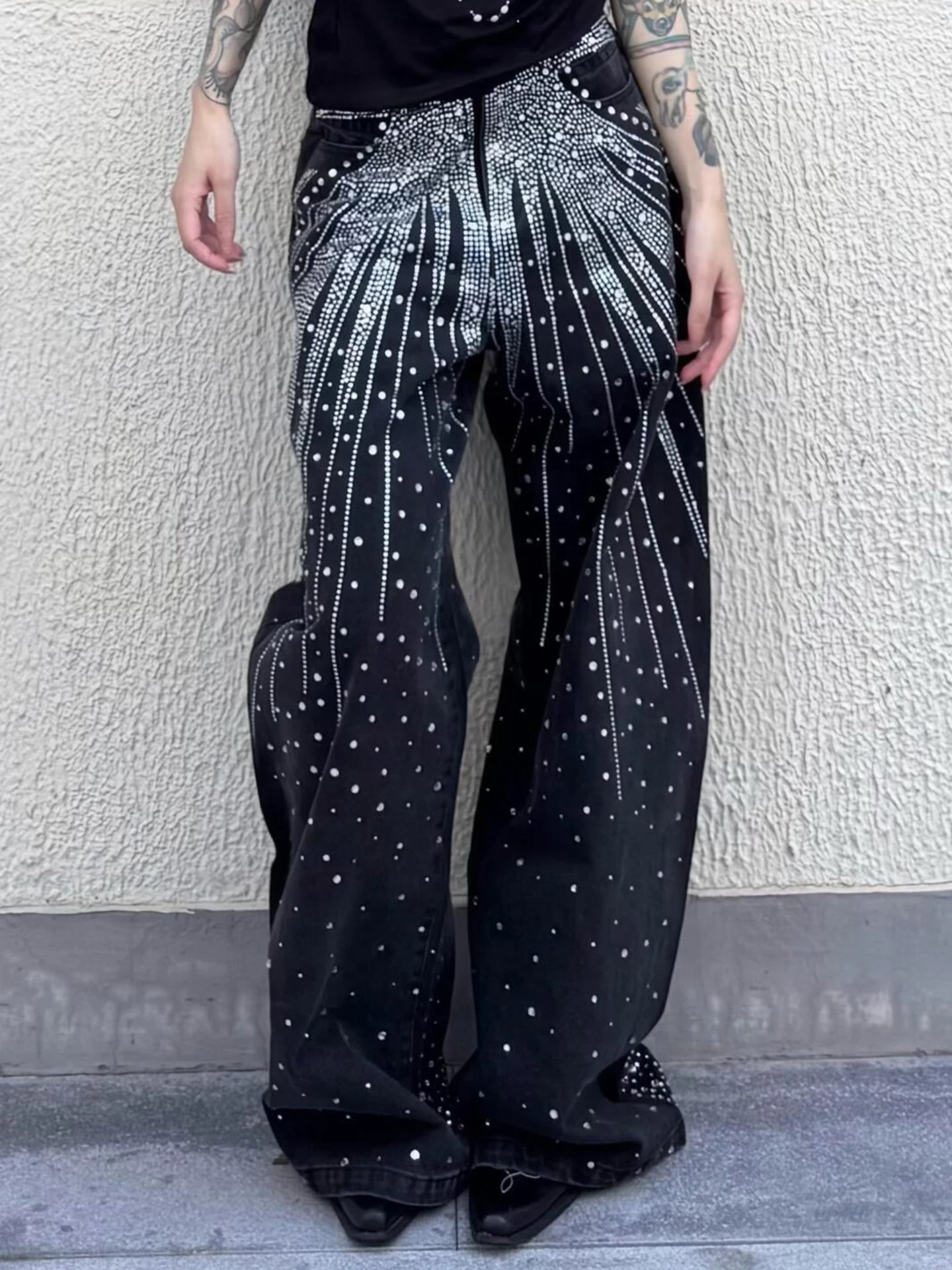 

Bla Star Loose Women's Jeans Heavy Embelliment American Sle l Waist Stretch Fabric Floor-Length Autumn Winter