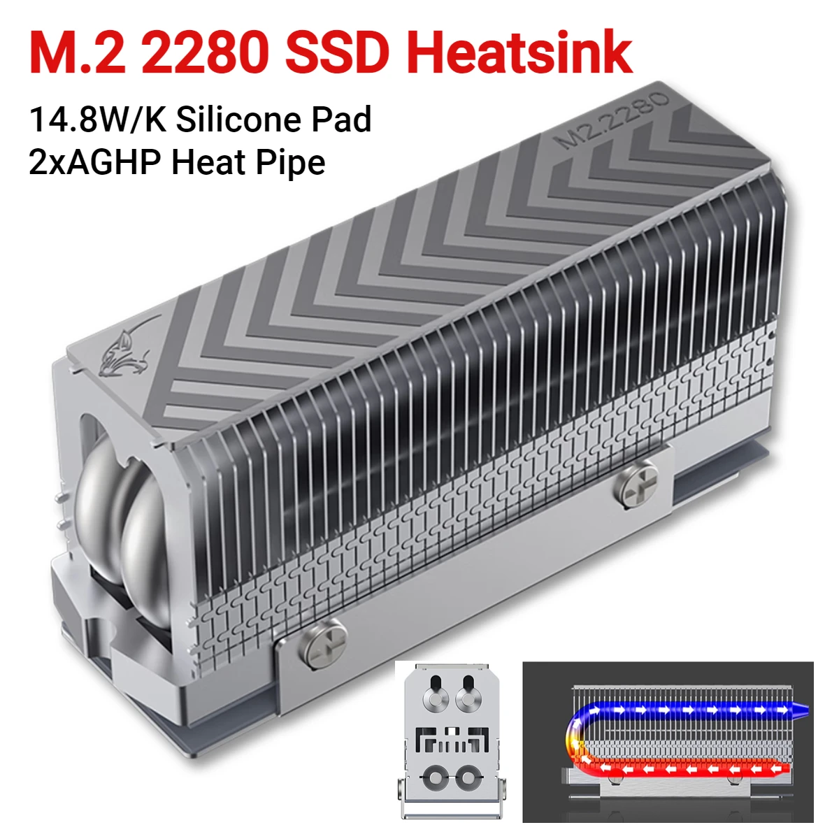 M.2 2280 SSD Heatsink Solid State Drive Radiator 2xAGHP Heat Pipe Radiator M.2 SSD Cooler Gasket with Thermal Silicone Pad