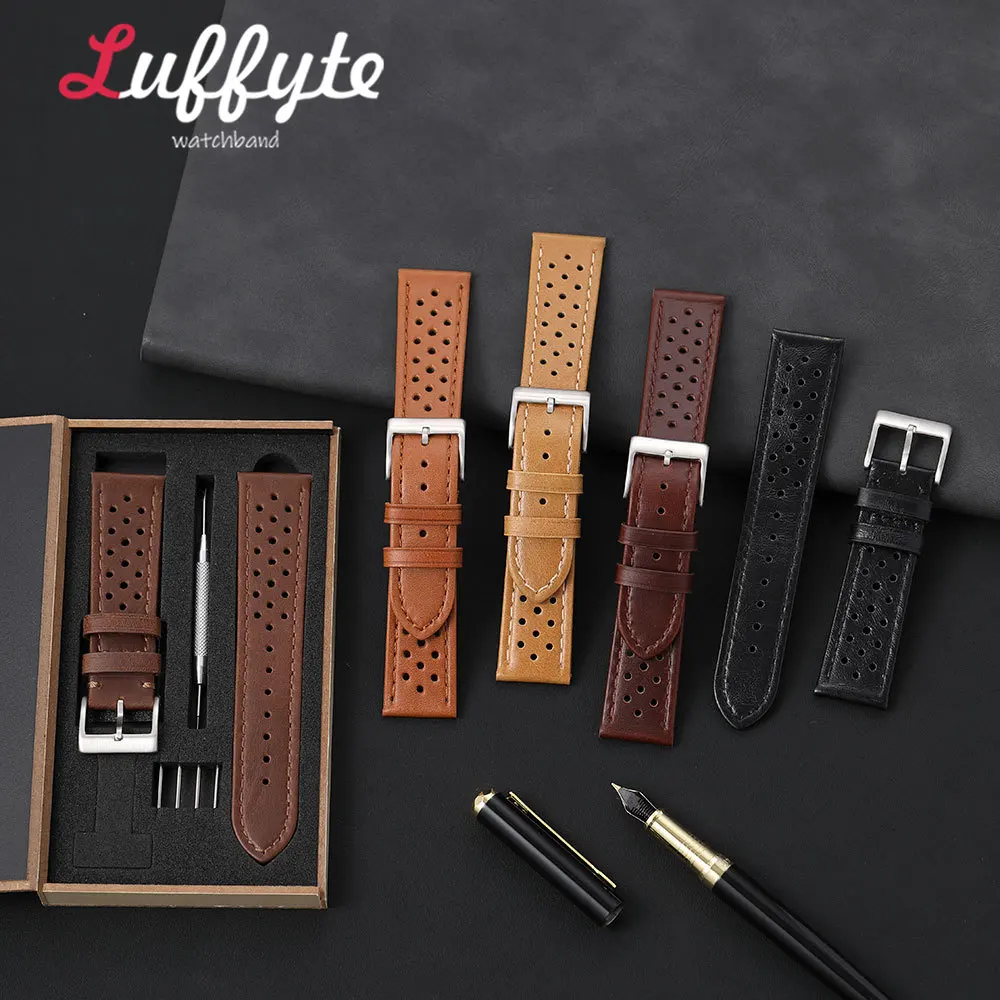 Men Perforated Calfskin Genuine Leather Watch Strap 18mm 20mm 22mm with Gift Packing Box Breathable Comfortable Replacement Band
