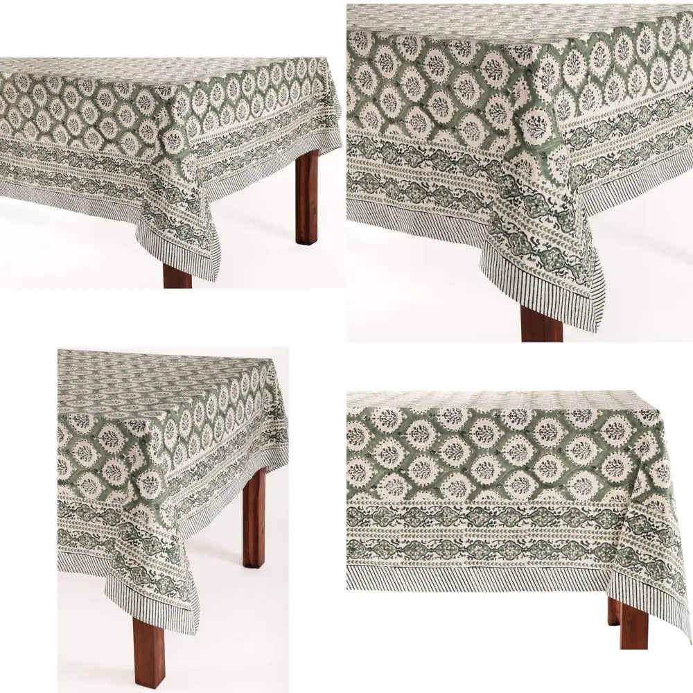 

60x90 Inch Cotton Block Print Floral Tablecloth for Dining, Parties, Outdoors & Holiday Celebrations