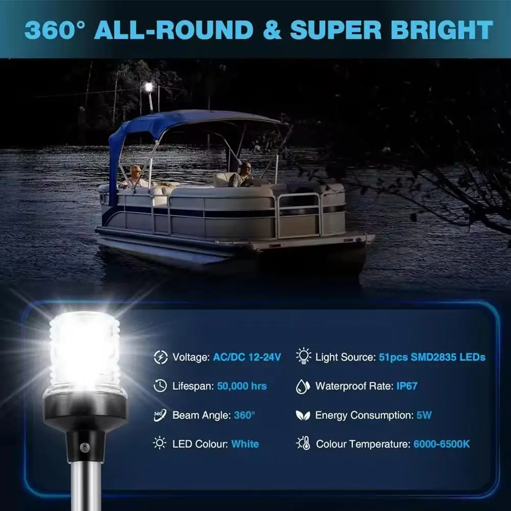Anchor Light Boat Stern Light Waterproof 9 Inches, White Fold Down Marine Navigation Lights for Boats LED for Pontoon, Jon