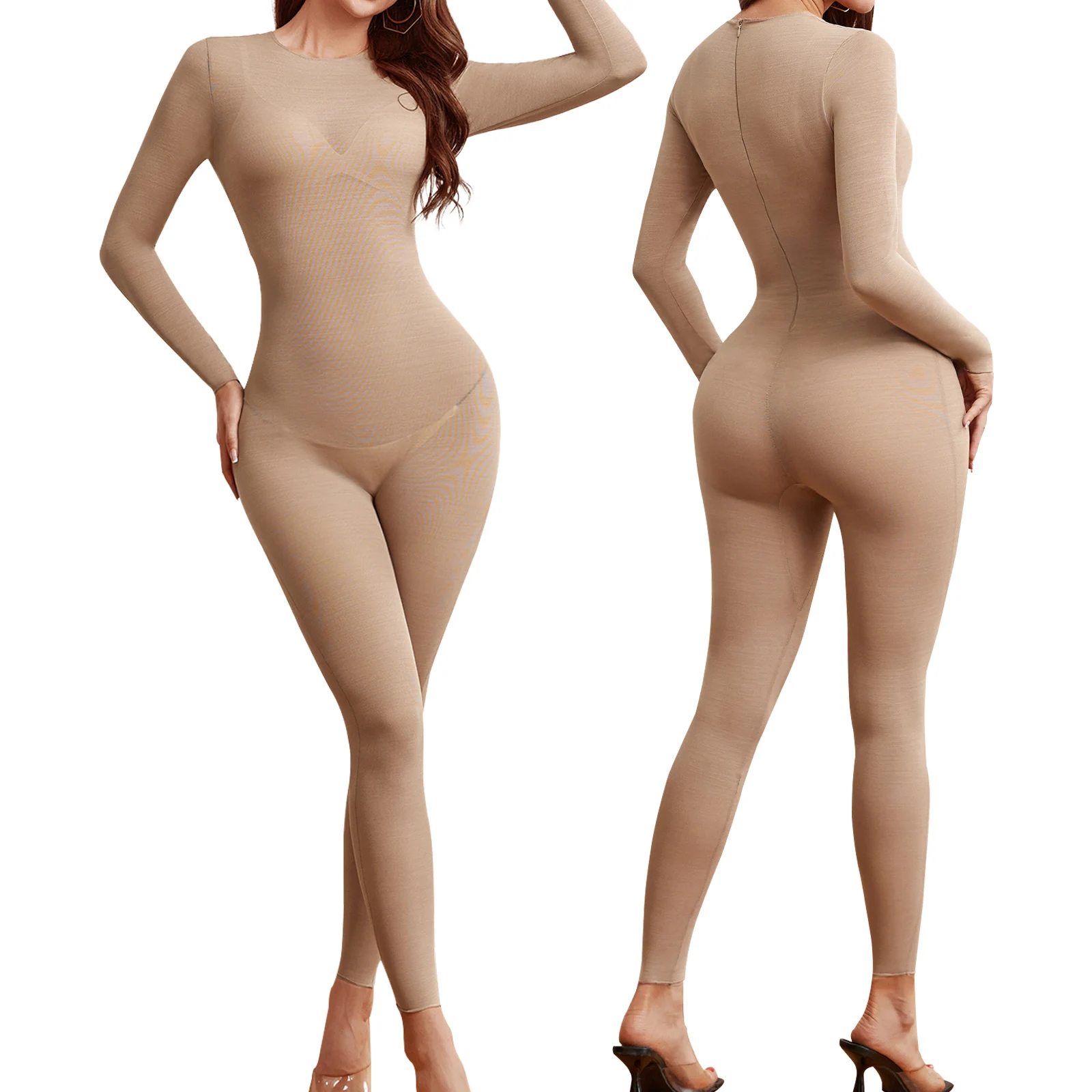 

Jumpsuits for Women Tummy Control One Piece Outfit Yoga Athletic Rompers Long Sleeve Bodycon Shapewear