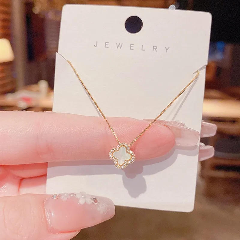 

White Shell Mother of Pearl Chic Trendy 4 Leaves Clover Pendant Necklaces for Women 5A Zircon Diamonds Rose Gold Choker Gifts
