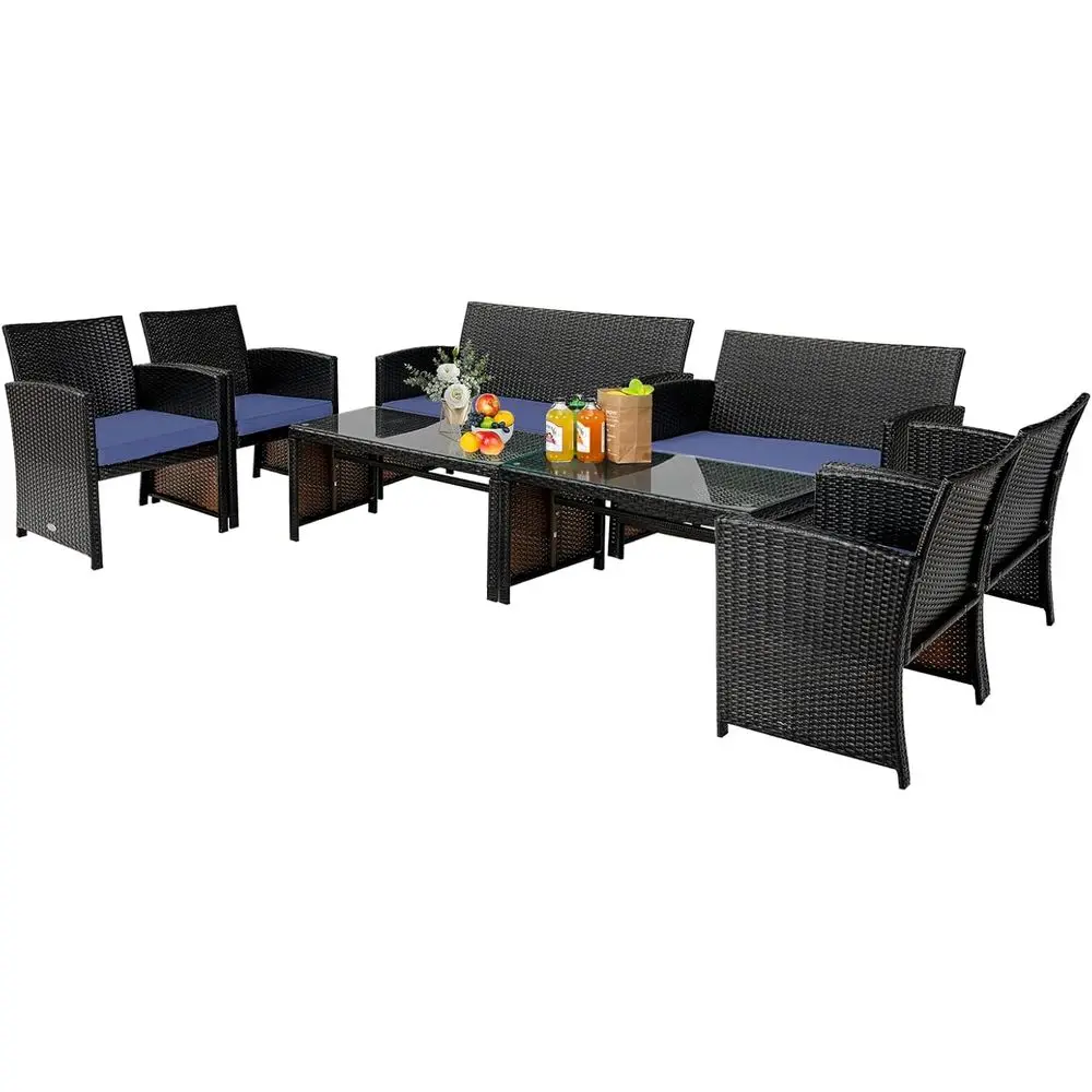 

8-местный комплект садовой мебели из искусственного ротанга с подушками, темно-синий, идеально подходит для балкона, газона, веранды, заднего двора, сада.