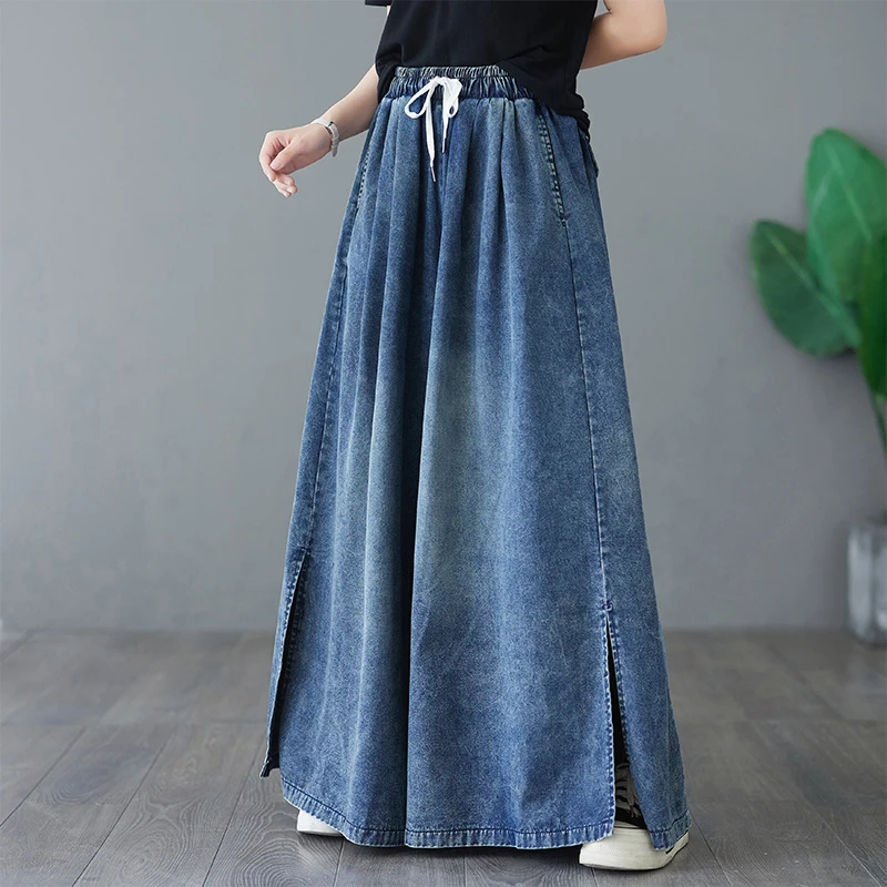 Retro Washed Distressed High Waist Wide Leg Pants Casual Loose Jeans Skirt for plus Size Women Drawstring Opening Design