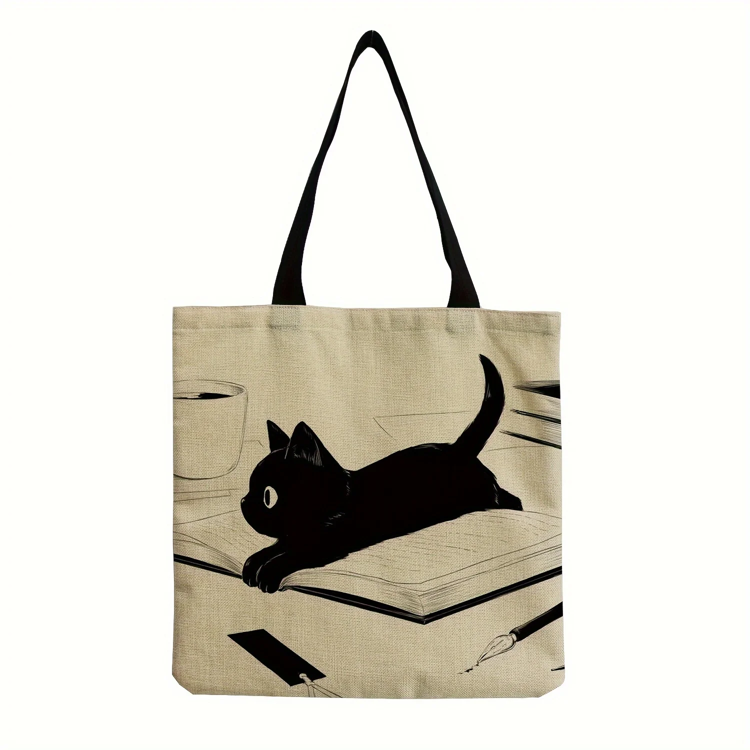 Cute Cat Cartoon Print Tote Bag Large Capacity Shoulder Bag for Shopping and Everyday Use