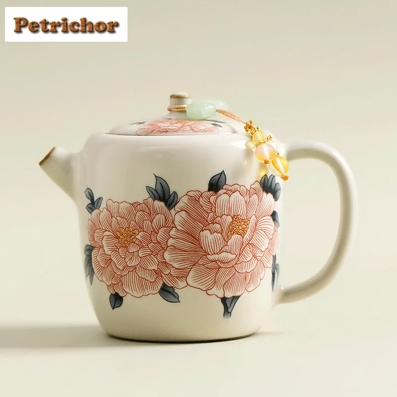 

135ML Ru Kiln Lard Jelly Peony Beauty Shoulder Teapot Retro Tea Infuser Pot Tea Making Kettle With Ball Hole Tea Items Craft