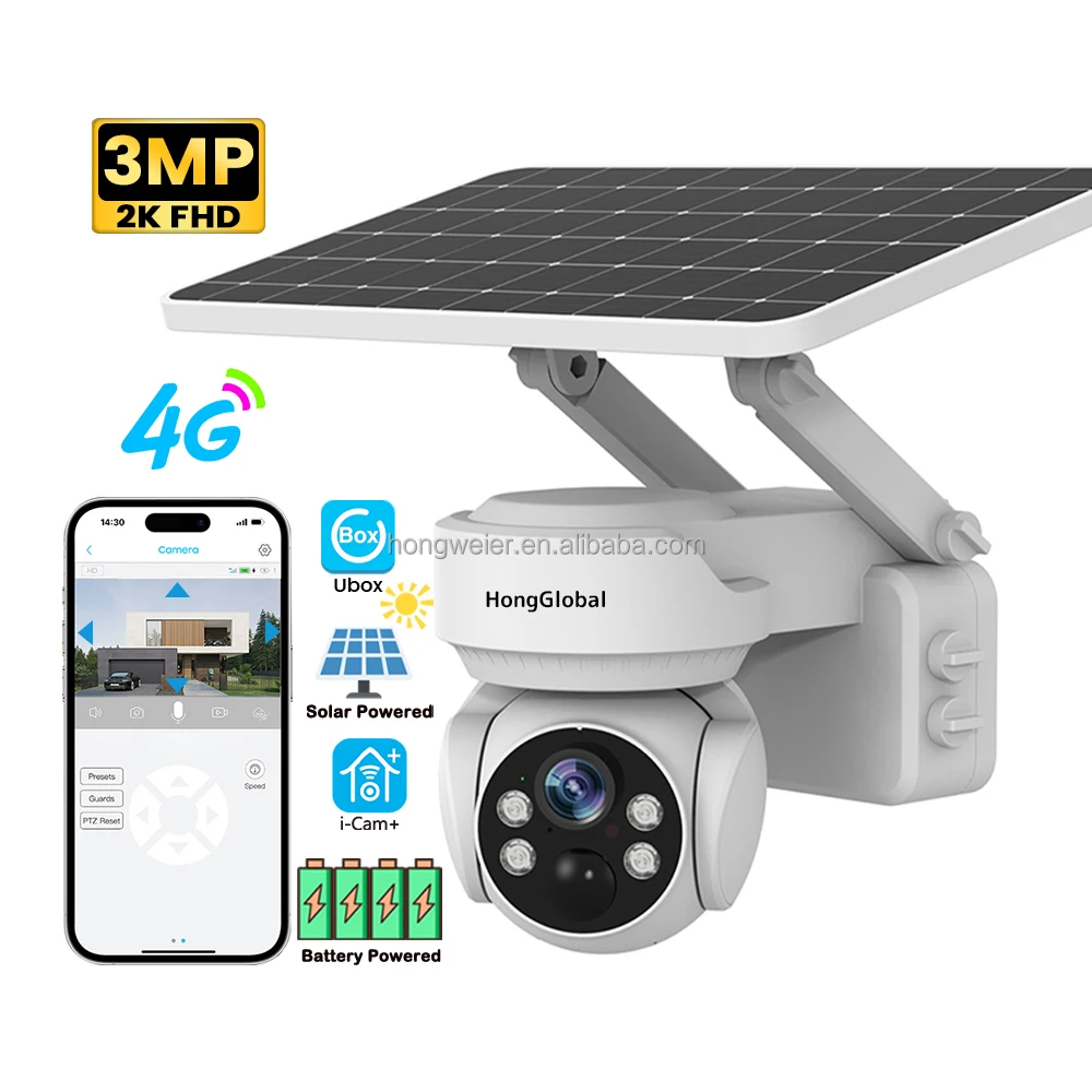 

HongGlobal 3MP 360 Degree 4G Solar Powered Surveil Security PTZ CCTV Camera ICAM+ Ubox 4G Sim Card Wireless Solar Outdoor Camera