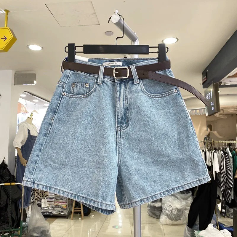 Trendy High Waist Wide Leg Denim Shorts Casual Women's Autumn New plus Size Loose Fit A-Line Straight Cut Cotton Blend Shorts